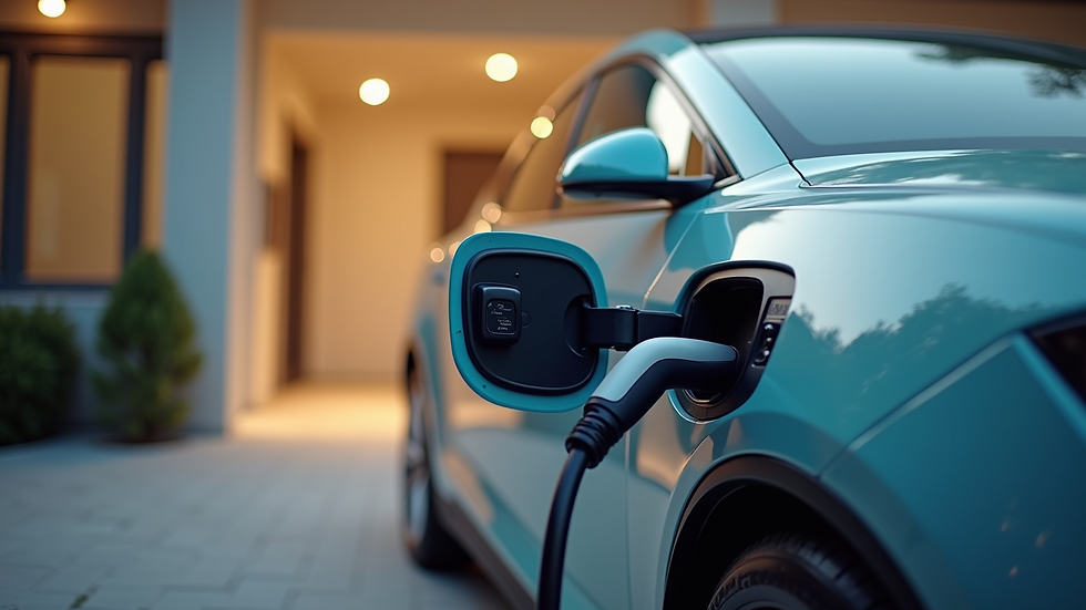 Close-up of electric vehicle plugged into a home charging station in a residential garage