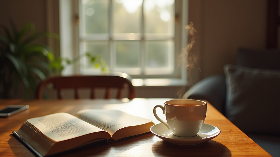 Eye-level view of a cozy corner with a cup of tea and a book on a wooden table