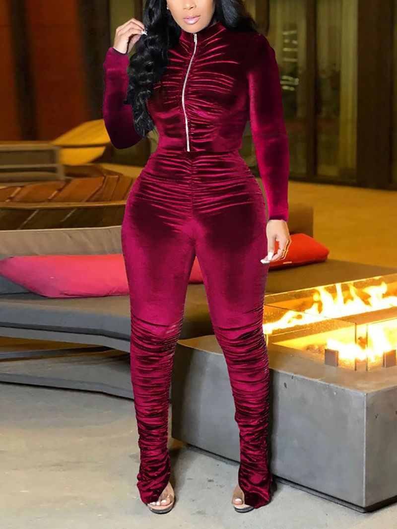 Thumbnail: Casual Velvet Zipper wrinkled 2 piece set