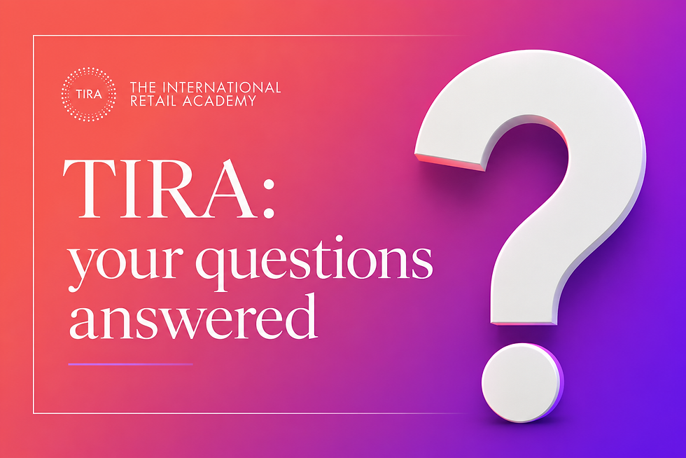 Promotional graphic with TIRA logo, THE INTERNATIONAL RETAIL ACADEMY text, and a large 3D question mark on a pink-purple gradient.