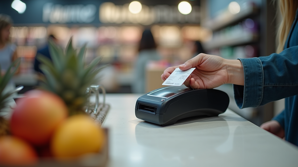 Close-up of a retail store’s checkout counter with a loyalty card being scanned