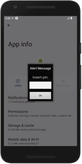 a screenshot showing a password prompt overlaying the Android uninstall settings, preventing the user from removing the app.
