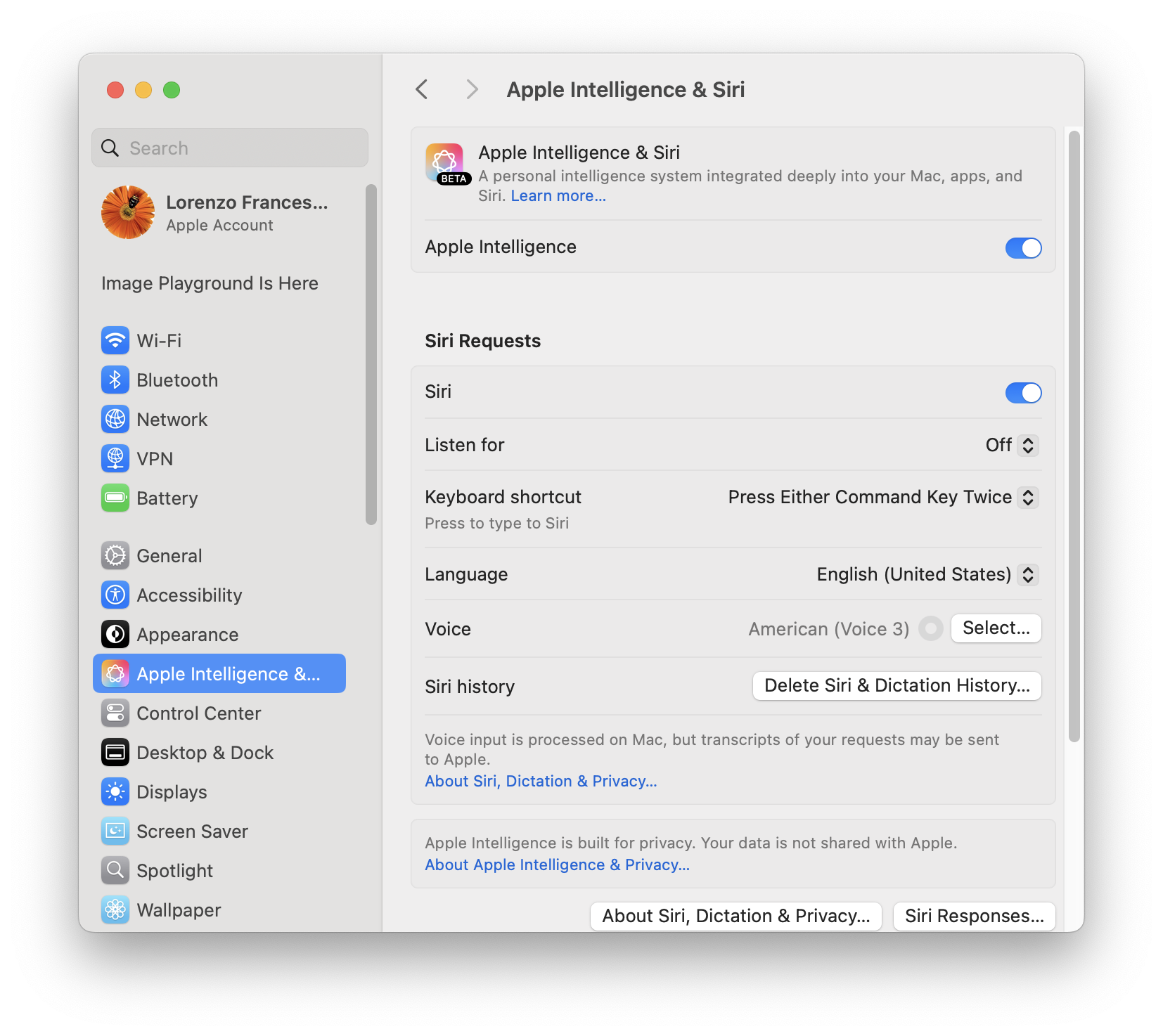 a screenshot showing Apple Intelligence switched on in the Apple Mac user settings.