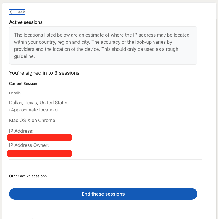 a screenshot showing active sessions of all logged-in LinkedIn accounts, including a button that says "end these sessions" to log everyone out.