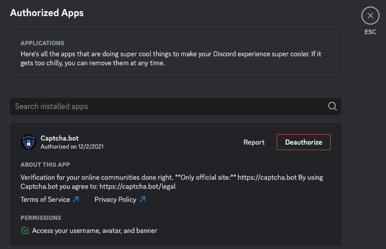 a screenshot from Discord's authorized apps settings window, which reads: "Here's all the apps that are doing super cool things to make your Discord experience super cooler."