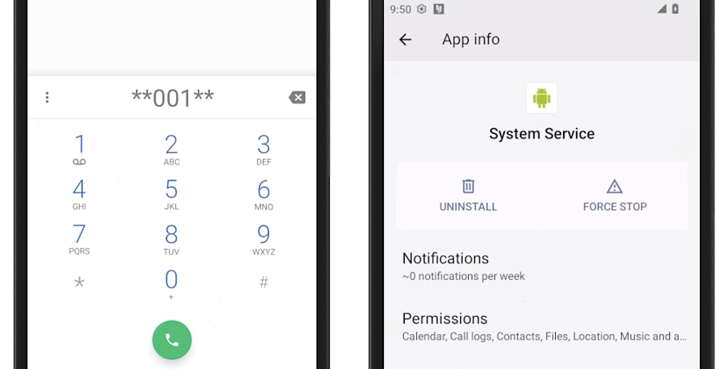 a pair of screenshots showing an Android phone keypad with **001** on the display, and on the right, the spyware app masquerading as a "System Service" app.