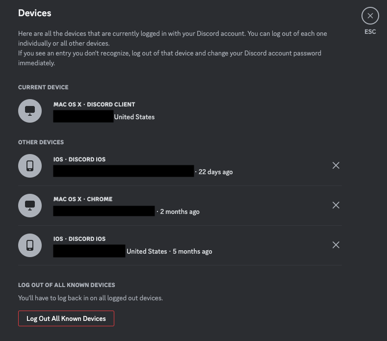 a screenshot showing the Devices tab settings in Discord, which reads: "Here are all the devices that are currently logged in with your Discord."