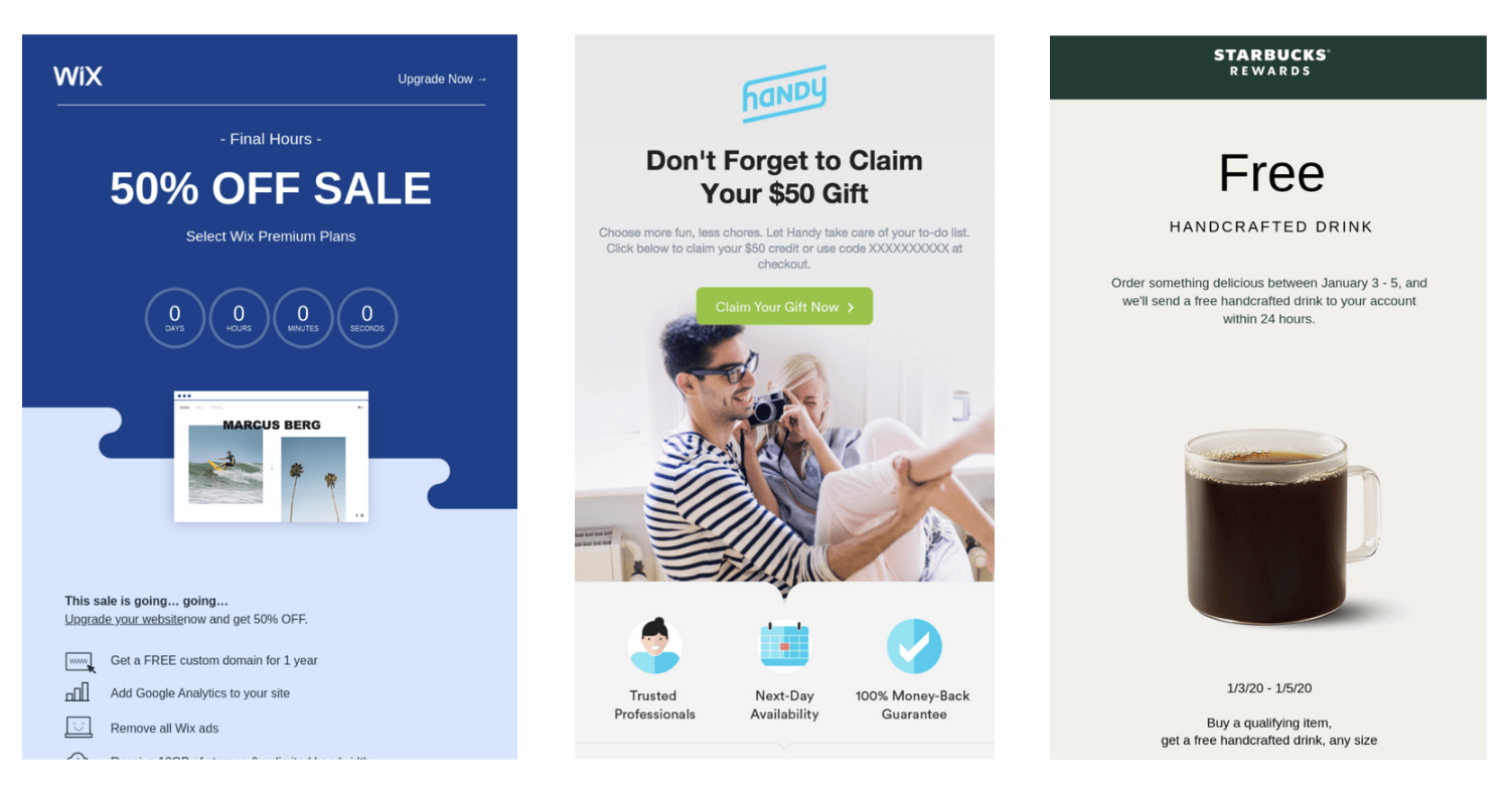 Examples of Wix, Handy and Starbucks leveraging owned channels such as in-app notifications to promote offers and discounts