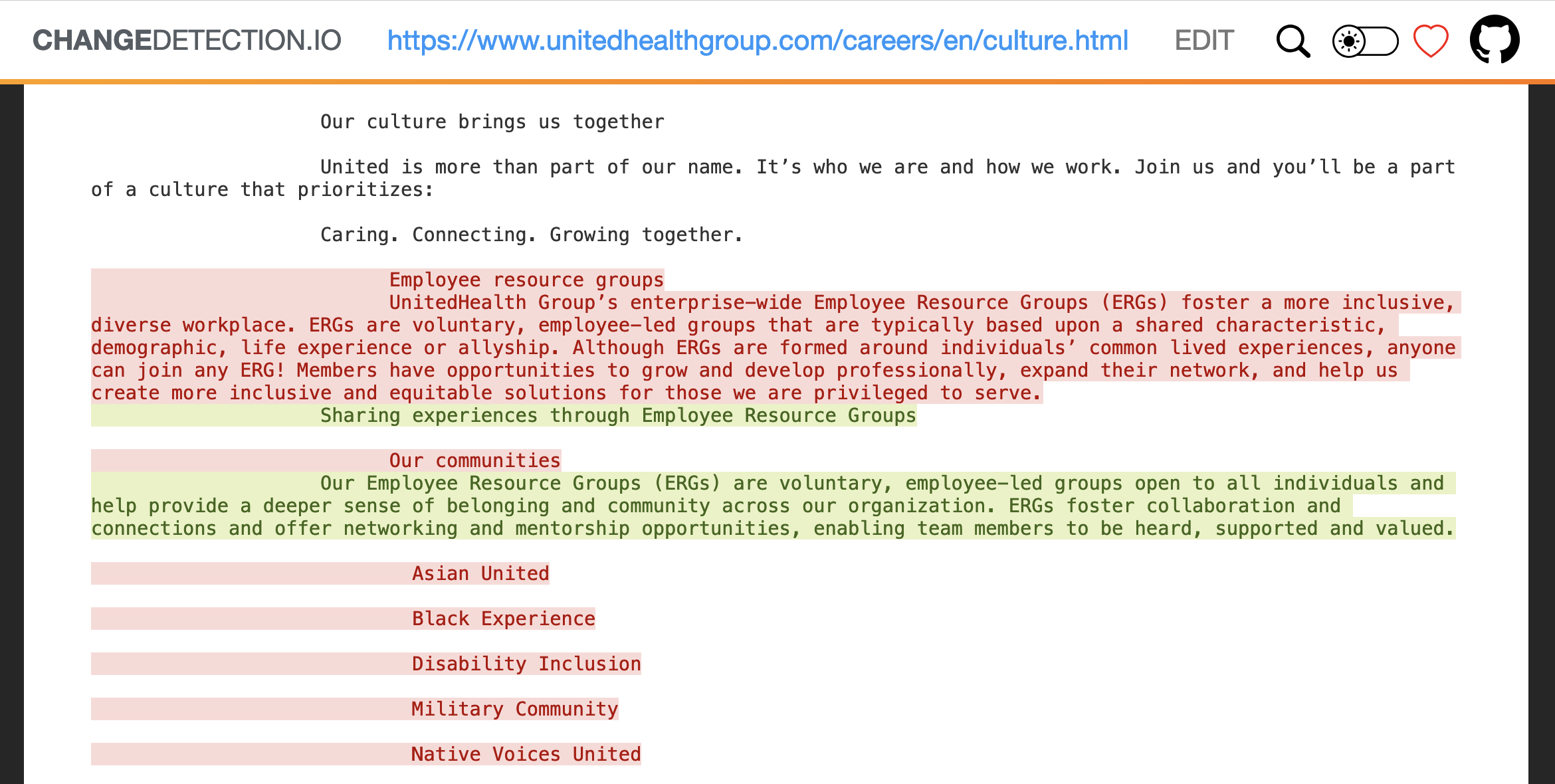 a screenshot of a web page monitor that shows a page about "Employee resource groups" was removed from UnitedHealth's website.