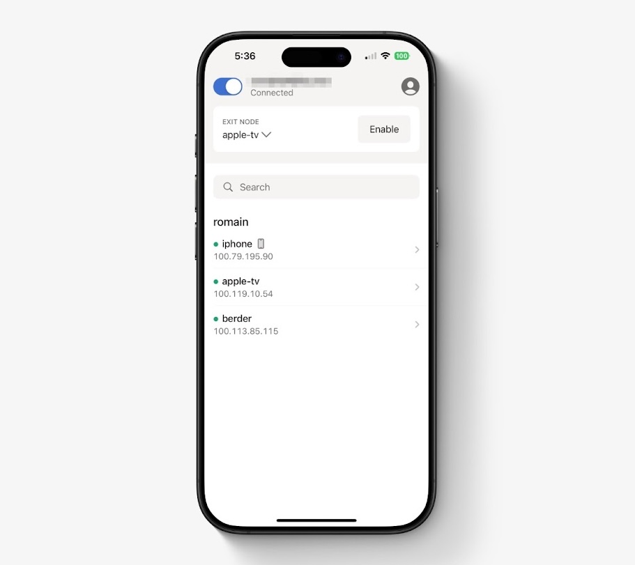 a screenshot of an iPhone running the Tailscale’s iPhone app with the ability to select an exit node at the top.
