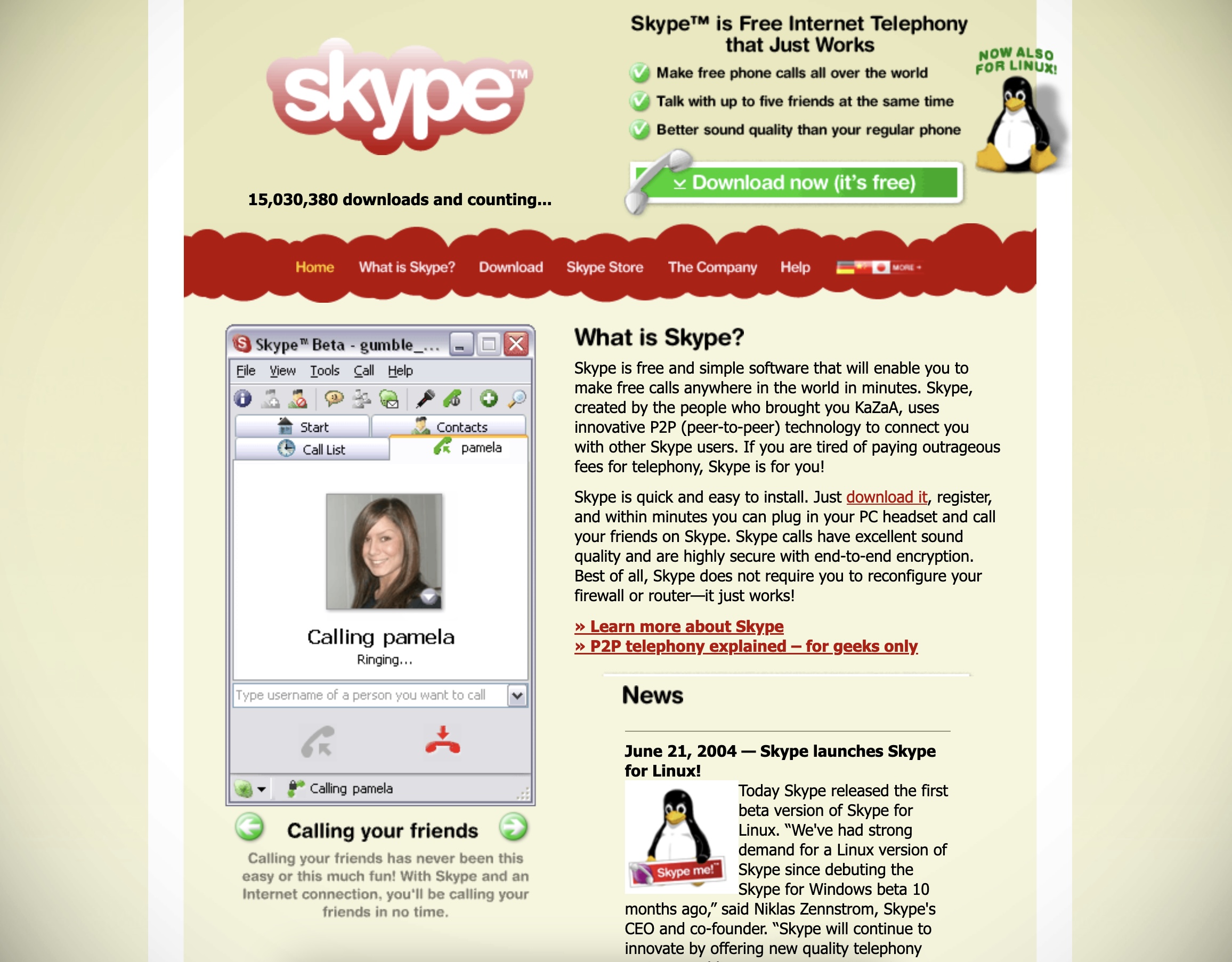 a screenshot from Skype's homepage in 2004, which reads "15,030,380 downloads and counting..." and that Skype calls are "highly secure with end-to-end encryption."