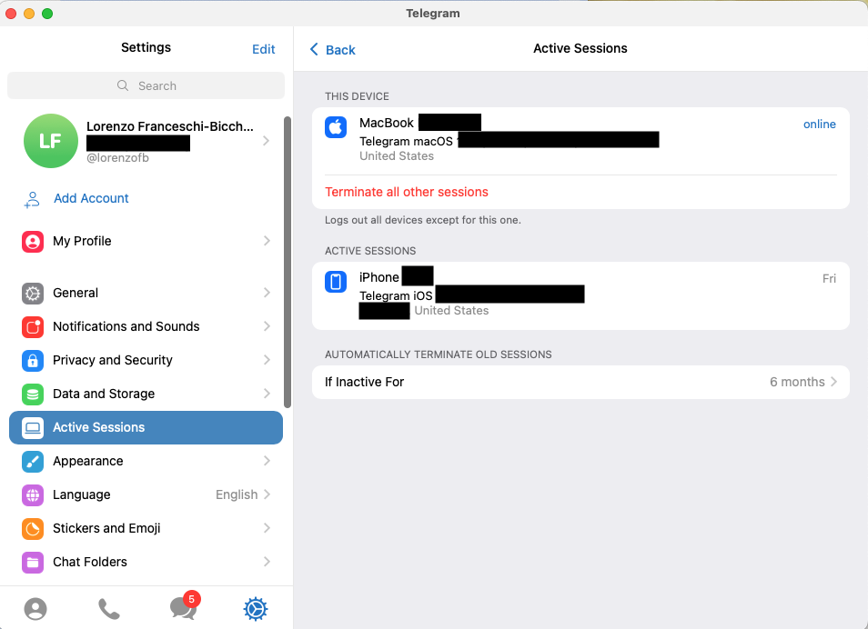 a screenshot of Telegram's settings menu on its desktop app, which includes details on all Telegram active sessions associated with that account.