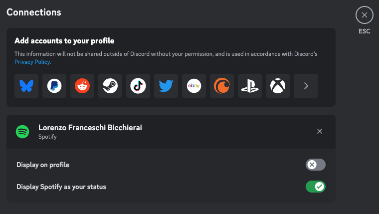 the Connections settings tab in Discord, which lets you connect your account to other services and offerings.