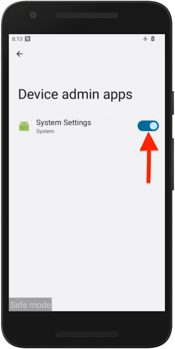 an Android phone screenshot showing the "device admin apps" settings, with an arrow pointing towards toggling off the app with device admin access.