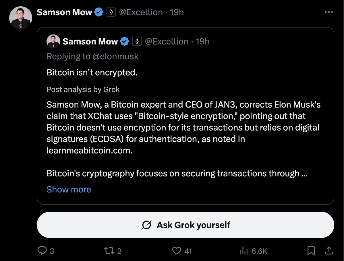 a screenshot from a Grok analysis saying, "Bitcoin isn't encrypted."