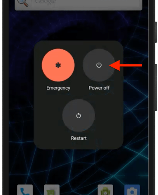 an Android screenshot showing the power options, with a red arrow over the "power off" button