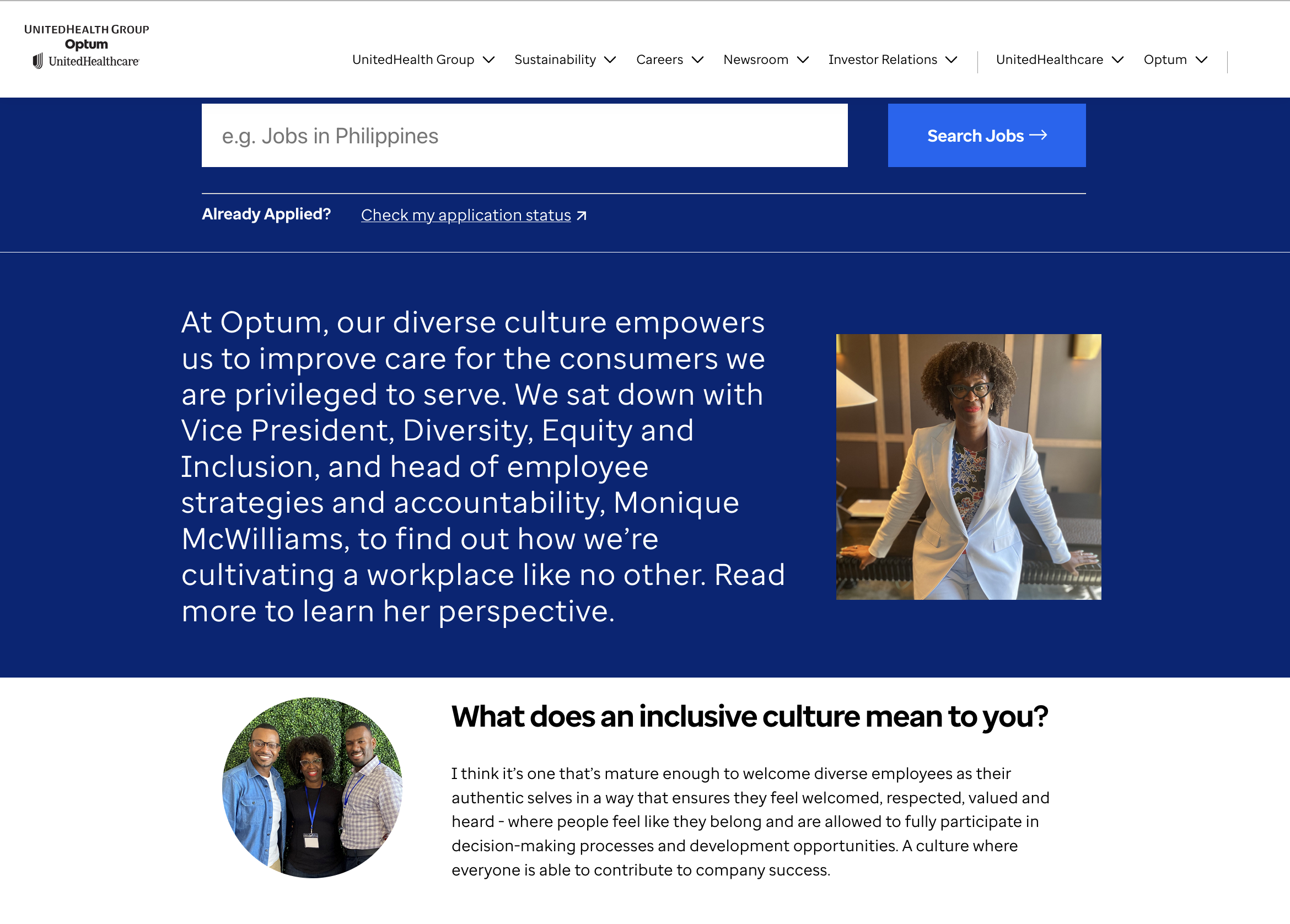 a screenshot of a blog post featuring UnitedHealth's VP of DEI, but the post is no longer live. The page reads: "At Optum, our diverse culture empowers us to improve care for the consumers we are privileged to serve. We sat down with Vice President, Diversity, Equity and Inclusion, and head of employee strategies and accountability, Monique McWilliams, to find out how we're cultivating a workplace like no other. Read more to learn her perspective."