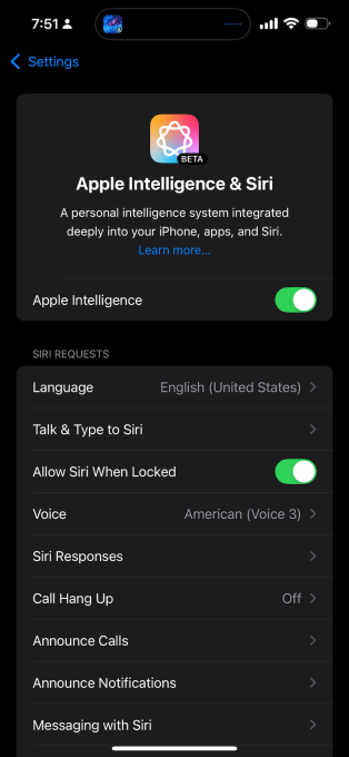 a screenshot showing Apple Intelligence switched on in user settings of an iPhone user.