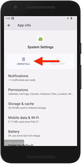 A screenshot of Android in safe mode showing an spyware app called 'System Settings' with a red arrow over the uninstall button.