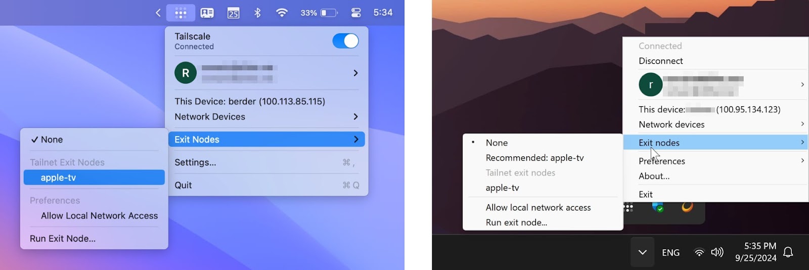 two side-by-side screenshots of the exit node sub-menu in Tailscale’s client on macOS (left) and Windows (right)