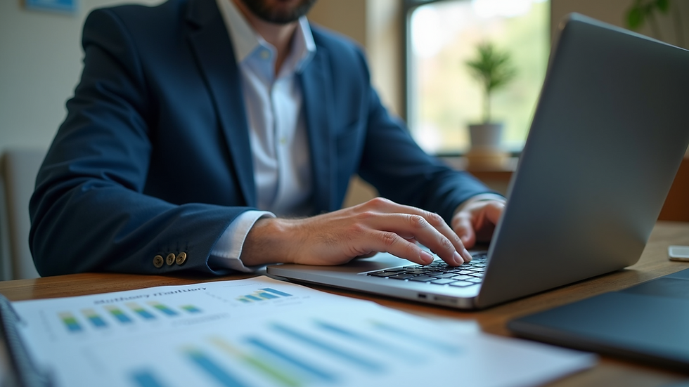 Close-up view of a project manager reviewing cloud migration strategy on a laptop