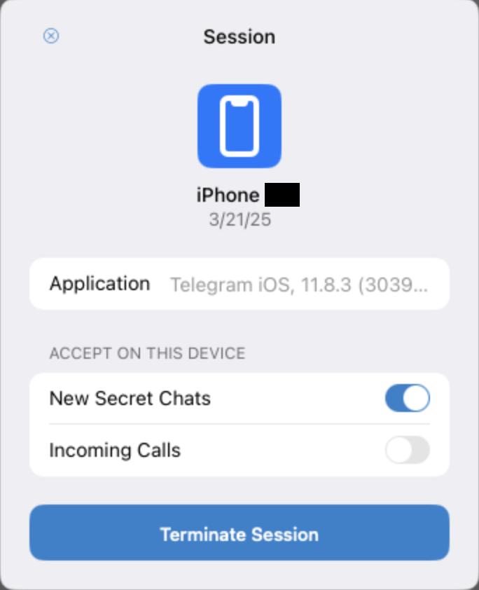 a screenshot from Telegram on iPhone, which has settings to enable secret chats and incoming calls.