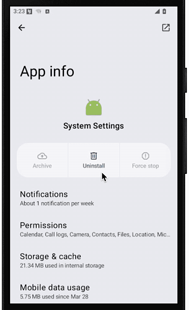 an animated GIF of an Android uninstall screen that forcibly displays a password prompt when attempting to uninstall the app. Entering the wrong password closes the page to the home screen.