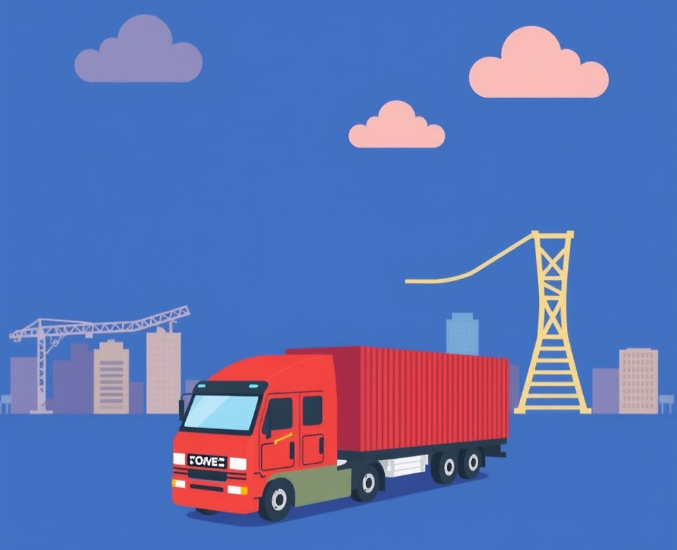 Red container truck at a construction site with cranes and city buildings under a blue sky with pink clouds.