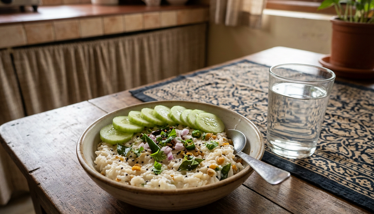 Close-up of a simple bowl of curd rice with cucumber and a glass of water on a dining table.