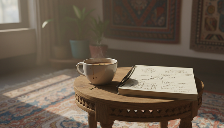 Eye-level view of a half-finished cup of tea beside an open notebook in a quiet room