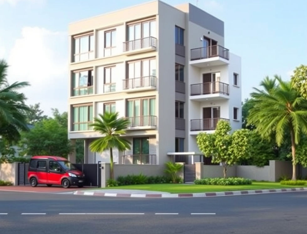 Modern four-story apartment building with balconies, palm trees, and a red car beside a sunny street.