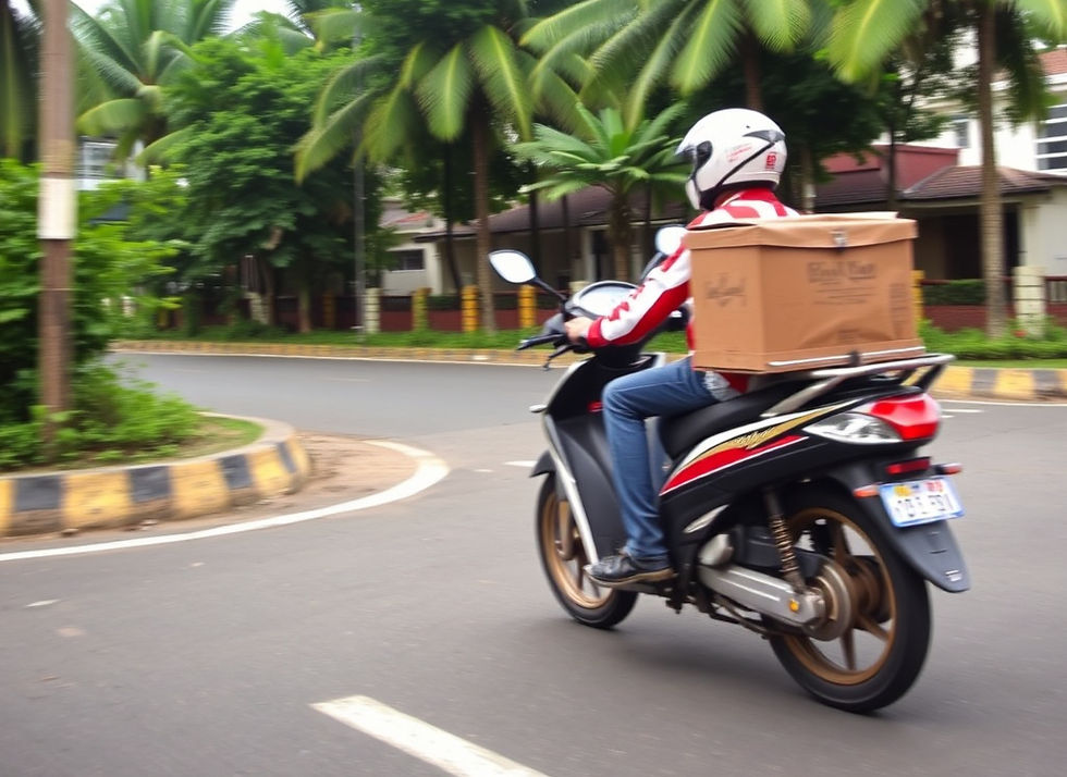 Delivery rider on a black scooter carries a cardboard box along a curving palm-lined street, motion blurred in bright daylight.