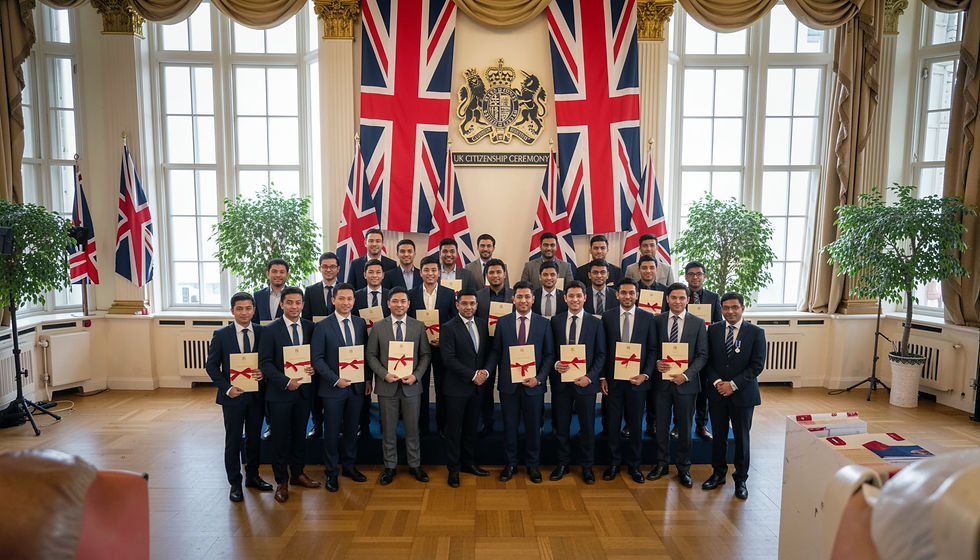 wide shot of a UK citizenship ceremony, people holding certificates