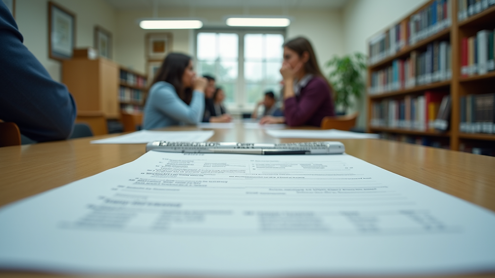 Eye-level view of a university admissions office with application forms on a desk