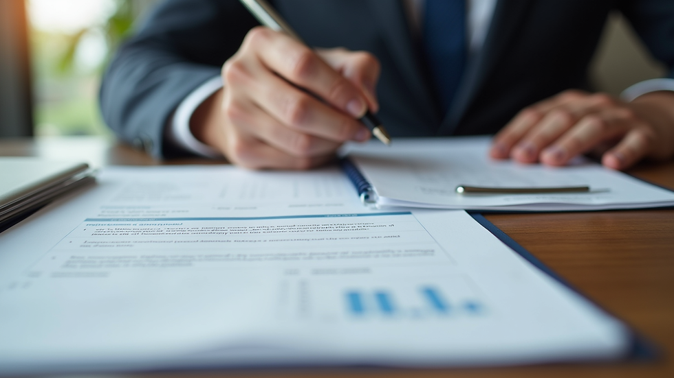Close-up view of legal documents and notes on a desk