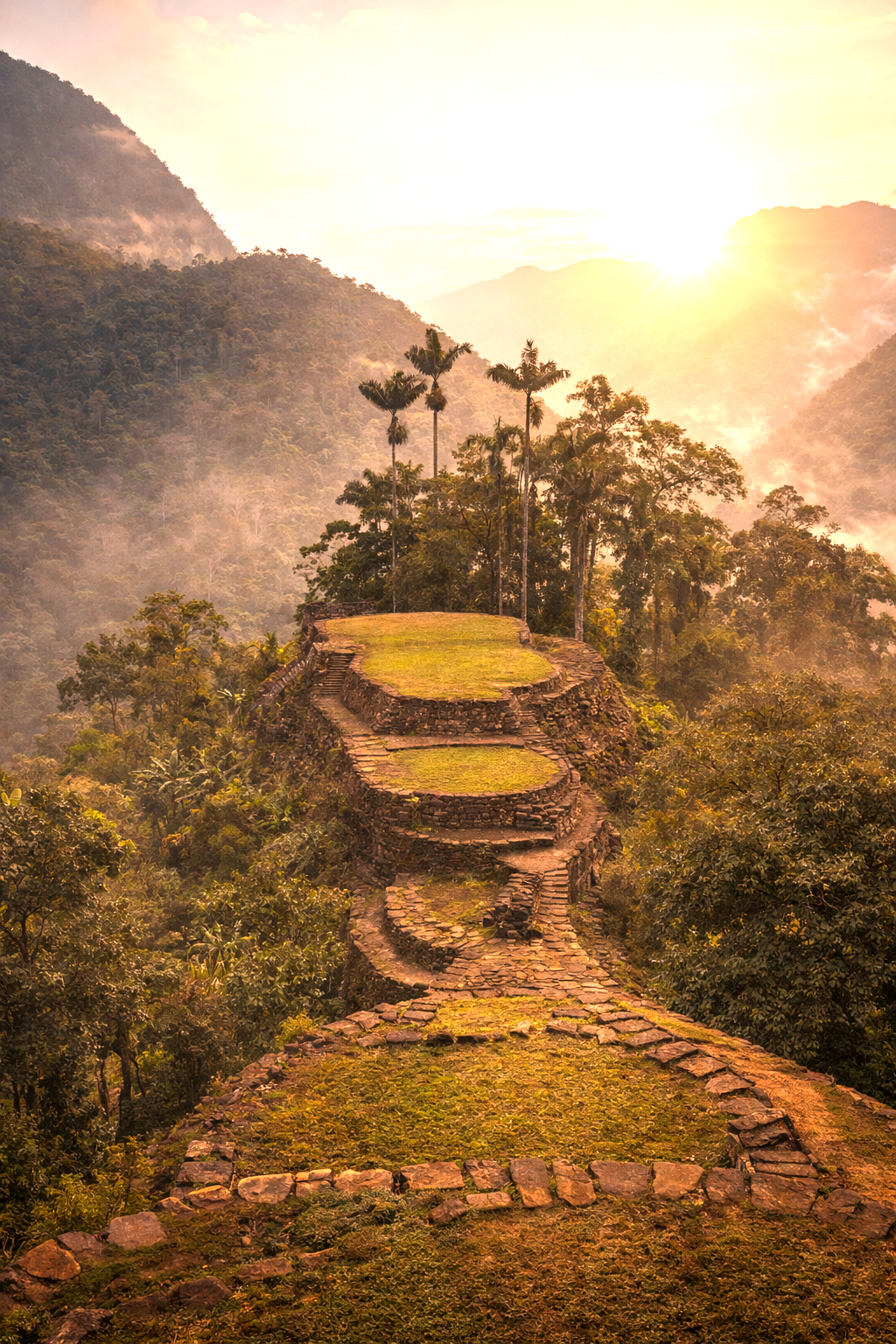Terrazas ancestrales de Ciudad Perdida entre montañas y selva colombiana.