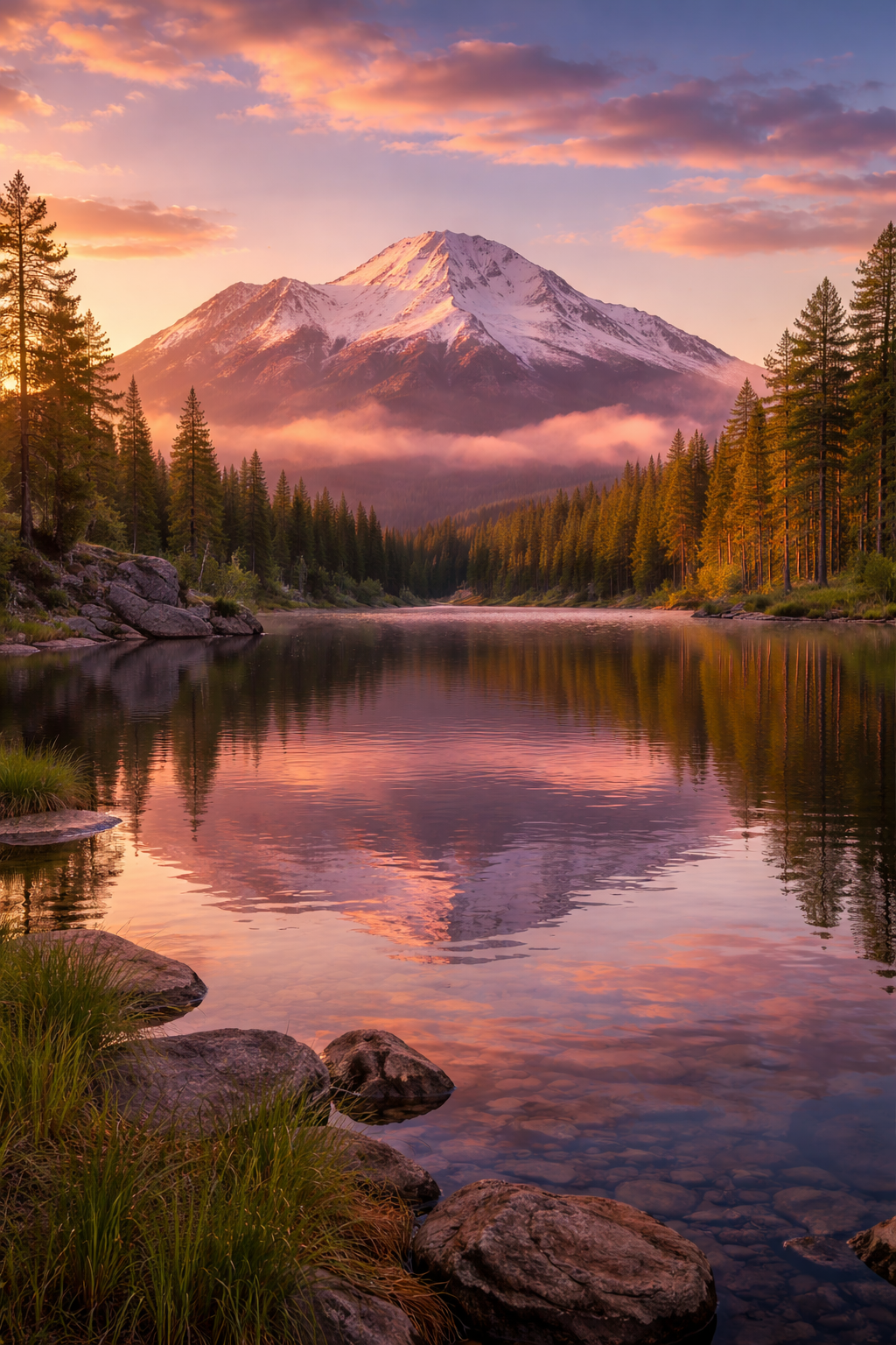 Monte Shasta nevado reflejado en un lago al atardecer.