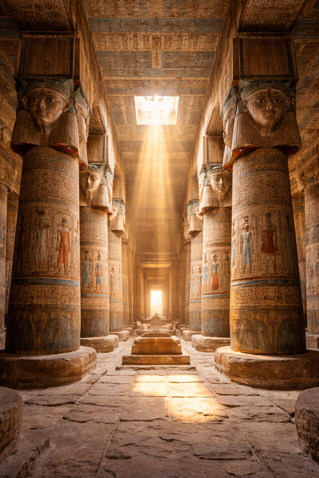Templo egipcio con columnas jeroglíficas iluminadas por rayos dorados.