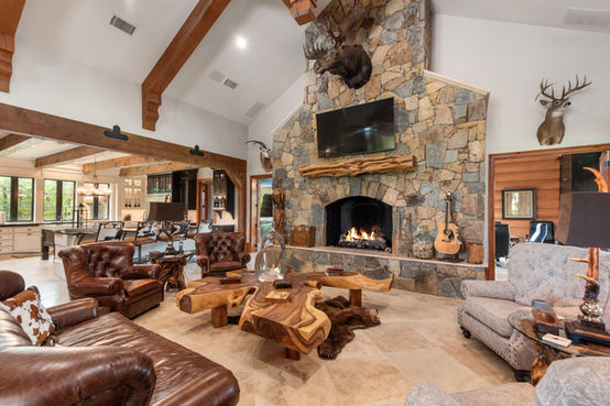 Fireside living room in luxury ranch lodging at Triple R Ranch for hunting groups and corporate retreats