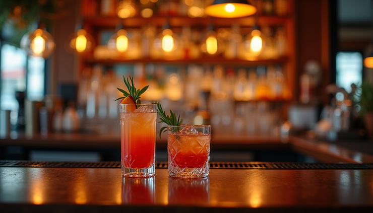 Eye-level view of a stylish cocktail bar counter with colorful drinks and ambient lighting