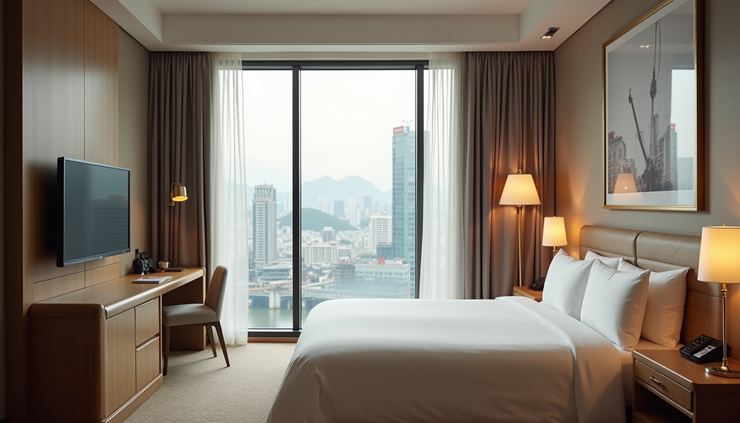 Eye-level view of a compact hotel room with modern decor in Hong Kong