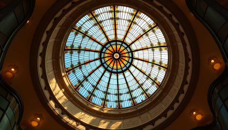Close-up view of the colorful stained glass dome inside Palau de la Música Catalana