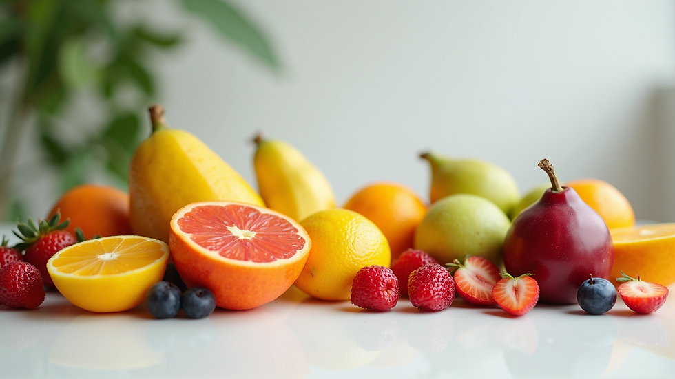 Close-up view of colorful fruits arranged on a white table