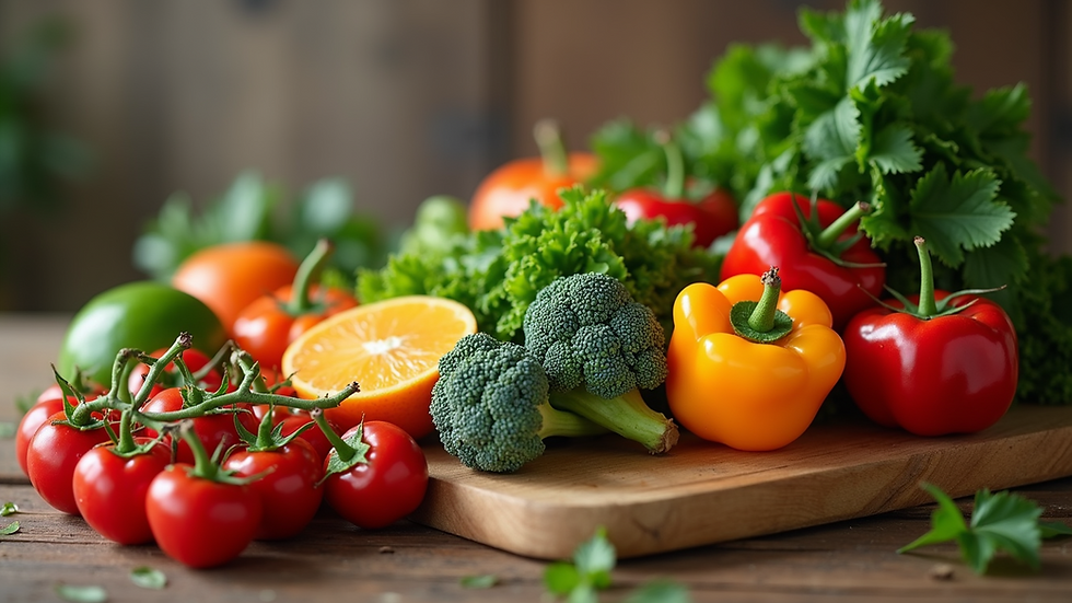 High angle view of healthy fruits and vegetables on a wooden table