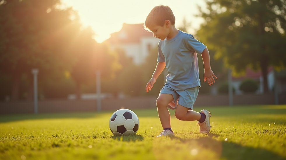 Eye-level view of a child playing outdoors with a soccer ball
