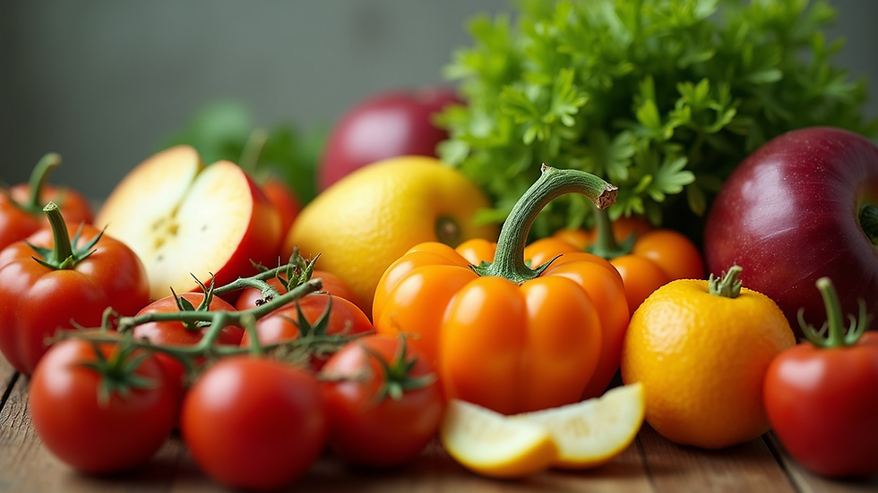 Close-up view of fresh fruits and vegetables