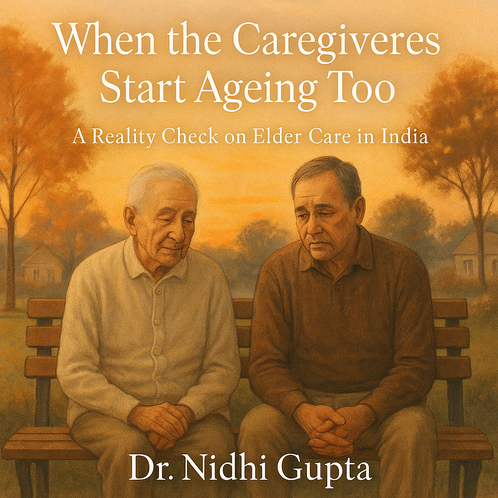 Indian senior helping an older parent with a caregiver beside them—illustrating ageing caregivers and elder care in India.