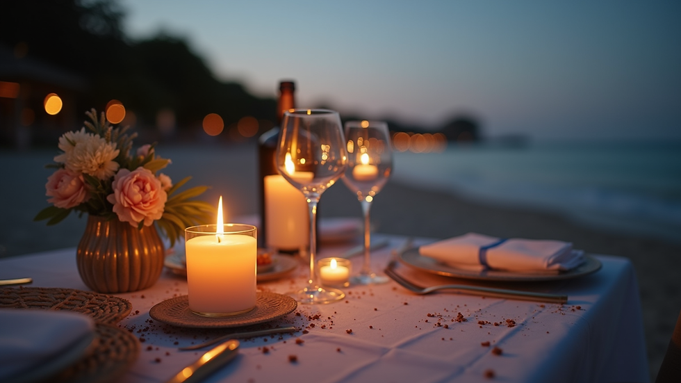 Close-up view of a romantic candlelit dinner setup on a beach