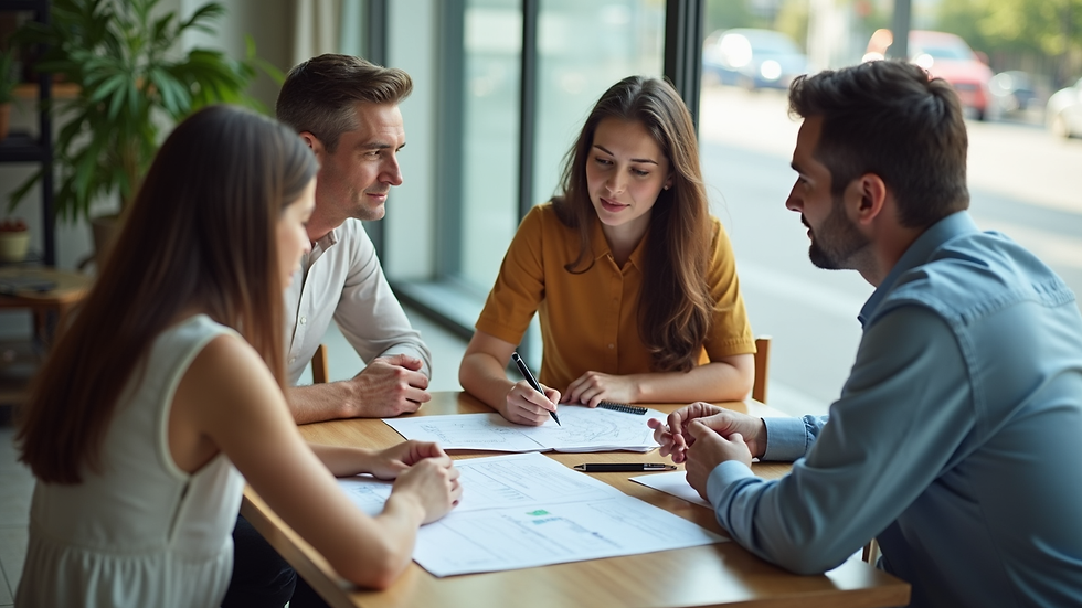 High angle view of a travel advisor discussing plans with a family