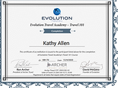 Kathy Allen's Evolution Travel Academy Travel 101 completion certificate